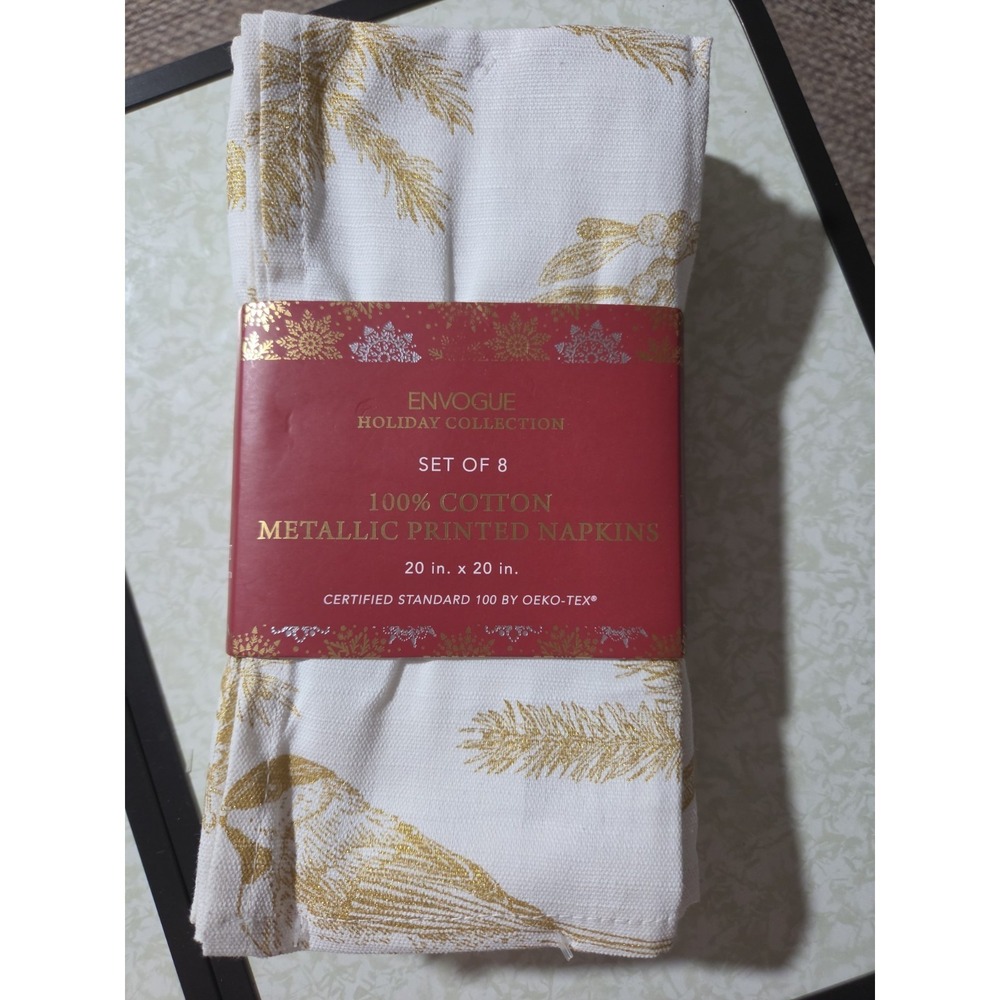 ENVOGUE HOLIDAY COLLECTION 4 NAPKINS METALLIC PRINTED GOLD 18 x 18 COTTON NEW